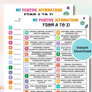 May include: A printable chart with a colorful design featuring positive affirmations from A to Z. Each letter of the alphabet is paired with a list of positive words, such as "amazing", "awesome", "authentic", "artistic", and "ambitious".