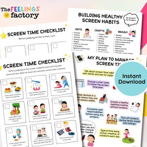 May include: A set of printable checklists and guides for managing screen time. The pages feature colorful illustrations and text, including a "Screen Time Checklist" and "Building Healthy Screen Habits." The theme is designed for children.