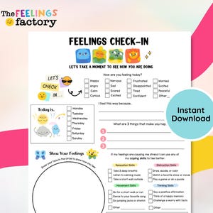 Può includere: Un foglio di lavoro stampabile "Feelings Check-In" con il testo "Prendiamoci un momento per vedere come stai." Include sezioni per identificare i sentimenti, elencare le cose felici e le capacità di coping. Download istantaneo.