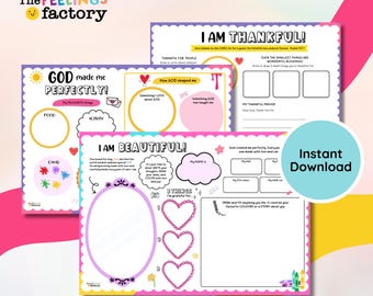 May include: A set of printable activity sheets with the text "The Feelings Factory". The sheets have colorful designs and prompts for self-reflection, including sections for gratitude, beauty, and personal favorites. The phrase "Instant Download" is also visible.