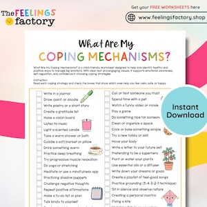 Puede incluir: Una hoja de trabajo imprimible titulada "¿Cuáles son mis mecanismos de afrontamiento?" para niños, con estrategias de afrontamiento e ilustraciones. El texto "Descarga instantánea" es visible.