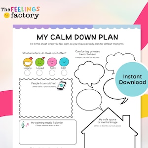 Può includere: Un foglio stampabile "Il mio piano di calma" con sezioni per identificare le emozioni, frasi confortanti, contatti, musica e un luogo sicuro. Il foglio include il testo "Download istantaneo" ed è progettato per gestire i momenti difficili.