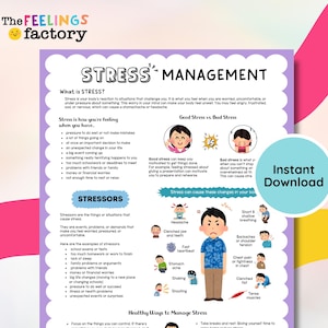 May include: A colorful infographic titled "Stress Management" with text and illustrations. It explains stress, stressors, and healthy ways to manage it. Includes a section on good vs. bad stress and a call to action for an instant download.