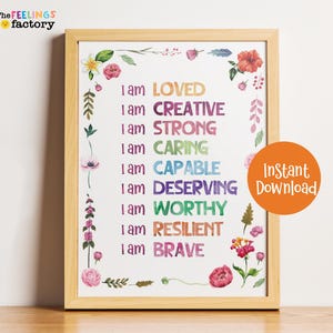 Kinderen positieve affirmatie kunst aan de muur, aquarel dagelijkse motiverende poster, afdrukbare muurkunst, zelfrespect kinderposter, Instant Download