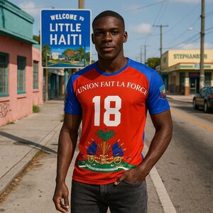Haiti Flag T-Shirt: L'Union Fait La Force, Number 18 Summer Top