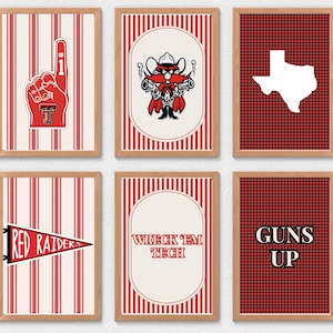 May include: Six framed prints with a sports theme. The prints feature red and white designs, including a foam finger, a mascot, a Texas outline, a pennant, and text that reads "Wreck 'Em Tech" and "Guns Up".