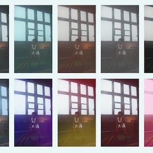 May include: A collection of images depicting a person using battle ropes in a gym. The images are shown with various colour filters, such as blue, green, red, and monochrome, emphasising the exercise and the surroundings.