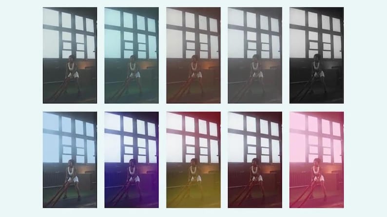 May include: A collection of images depicting a person using battle ropes in a gym. The images are shown with various colour filters, such as blue, green, red, and monochrome, emphasising the exercise and the surroundings.