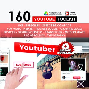 May include: A digital graphic with the text "160 YOUTUBE TOOLKIT" in black and red. The image includes the words "LIKE - SUBSCRIBE" and "INSTANT DOWNLOAD". It also features a screenshot of a YouTube video with a subscribe button.