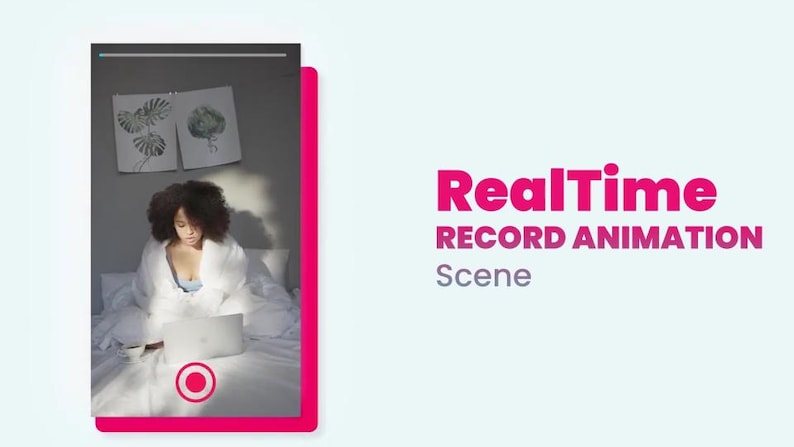 May include: A person in a white robe sits on a bed with a laptop. The image includes the text "RealTime RECORD ANIMATION Scene" in pink. Two framed botanical prints hang on the wall behind them.