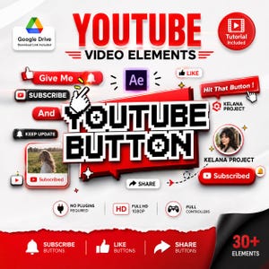 May include: A graphic promoting YouTube video elements. The design features red and white text, including "YOUTUBE VIDEO ELEMENTS" and "YOUTUBE BUTTON." It includes icons for subscribe, like, and share, along with a tutorial indicator.