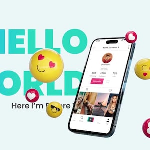 May include: A smartphone showing a social media profile, with floating yellow emoji faces with sunglasses and hearts. The words "HELLO WORLD" are in large teal letters, with "Here I'm More" below.