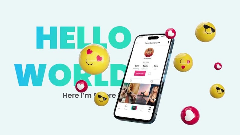 May include: A smartphone showing a social media profile, with floating yellow emoji faces with sunglasses and hearts. The words "HELLO WORLD" are in large teal letters, with "Here I'm More" below.