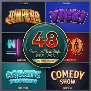 Könnte beinhalten: Ein Grafikdesign mit Texteffekten. Das Bild zeigt verschiedene Textstile, darunter "JUMPERR" in Gold, "VICK!" in Lila und "AQUATIC RESOURCES" in Blau. Ein zentrales Emblem zeigt "48 Premium Text Styles EPS - PSD".