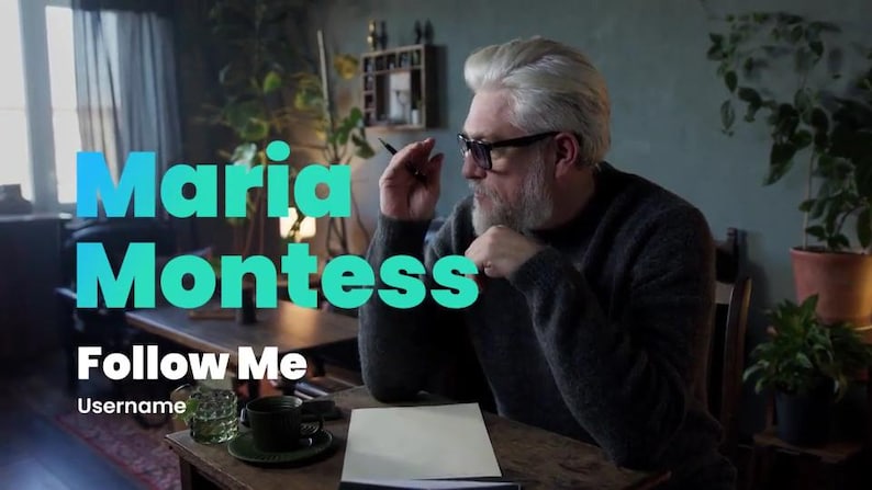 May include: The image displays the text "Maria Montess" in a teal gradient, with "Follow Me" underneath. A person wearing glasses and a beard is seated at a desk with a cup and a notepad. The setting is a room with indoor plants.
