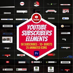 YouTube-prenumeranter Elements Pack - Premiere Pro MOGRT-paket, 50 prenumerantersanimationer + 10+ Bursts + 25 ikoner + handledning