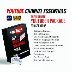 May include: A black box with the YouTube logo and the text "THE BEST YOUTUBE PACK" is displayed. The text "YOUTUBE CHANNEL ESSENTIALS" and "THE ULTIMATE YOUTUBER PACKAGE FOR CREATORS" are also visible. The package includes subscribe buttons, bell notifications, and more.