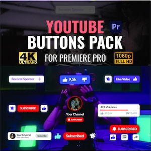 May include: A promotional image for a YouTube buttons pack for Premiere Pro. The image features various YouTube interface elements, including like, dislike, subscribe, and notification buttons. Text includes "YOUTUBE BUTTONS PACK" and "4K ULTRAHD".