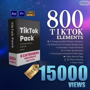 Könnte beinhalten: Eine digitale Produktbox mit der Aufschrift TikTok Pack und 800+ Elementen, mit Text, der 6 Kategorien, 36 Elemente, 10 animierte Hintergründe, 8 Schnittstellen, 6 Follow-Me-Elemente, 10 Duotone-Profilseiten und ein 3D-Telefon-Mockup beschreibt.