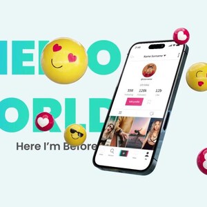 May include: A smartphone displaying a social media profile, surrounded by floating emoji. The text "HELLO WORLD" is in blue and green. The phrase "Here I'm Before" is below the text. The emojis include hearts and sunglasses.