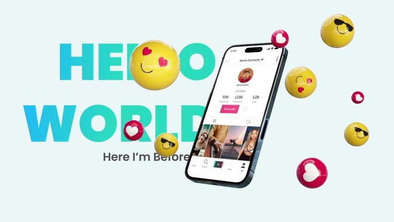 May include: A smartphone displaying a social media profile, surrounded by floating emoji. The text "HELLO WORLD" is in blue and green. The phrase "Here I'm Before" is below the text. The emojis include hearts and sunglasses.