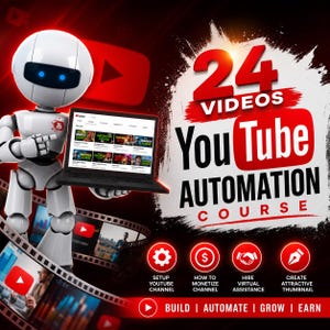 May include: A white robot with blue glowing eyes holds a laptop displaying a YouTube channel interface. The graphic features the text 24 VIDEOS YouTube AUTOMATION COURSE, along with icons for setup, monetisation, hiring, and thumbnail creation.
