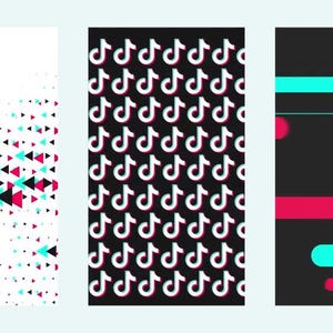 May include: Three vertical panels with TikTok-themed designs. One panel features a white background with scattered red, black, and teal triangles. Another has a black background with a repeating TikTok logo. The last panel has a black background with red and teal blurred lines.