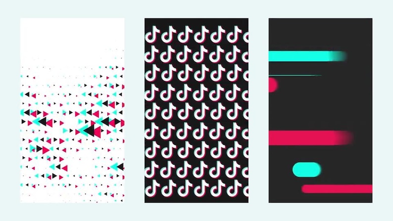 May include: Three vertical panels with TikTok-themed designs. One panel features a white background with scattered red, black, and teal triangles. Another has a black background with a repeating TikTok logo. The last panel has a black background with red and teal blurred lines.