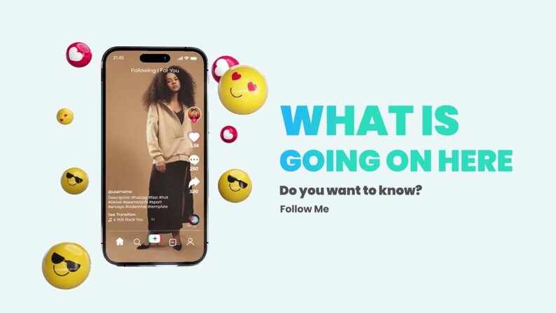 May include: A smartphone screen shows a social media feed with a person in a beige hoodie and black skirt. The screen is surrounded by floating emoji and the text "WHAT IS GOING ON HERE? Do you want to know? Follow Me."