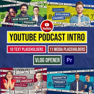 May include: A promotional graphic for a YouTube podcast intro. The design features the YouTube logo, text placeholders, and media placeholders. The graphic includes images of people and text such as "New Season Podcast" and "Exclusive Channel."