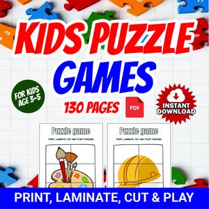 May include: A digital download for kids' puzzle games. The image features the text "KIDS PUZZLE GAMES" in red and blue, with "FOR KIDS AGE 3-5" in a green circle. It includes 130 pages and is available for instant download.