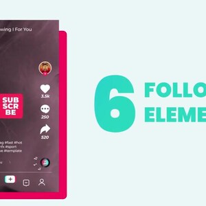 May include: A digital interface with a pink border, displaying a social media profile with a 'Subscribe' button and user engagement metrics. The text '6 FOLLOW ME ELEMENTS' is displayed in teal. The interface includes a profile picture, heart, comment, and share icons.