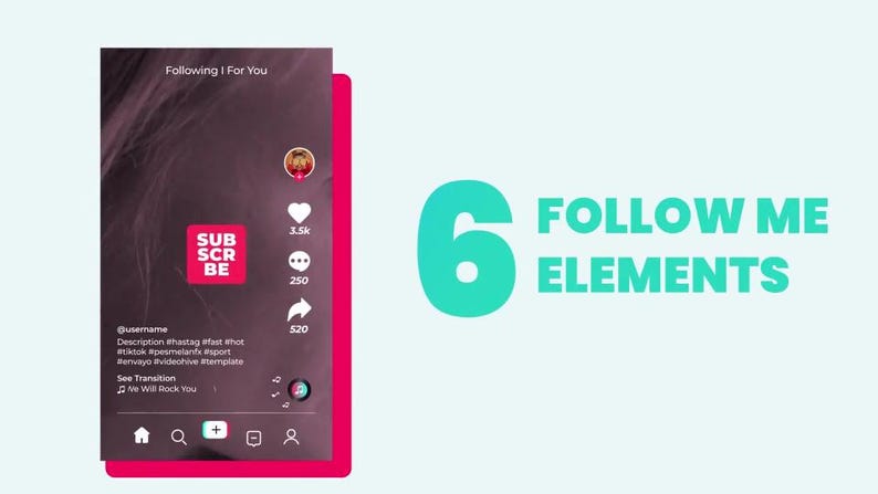 May include: A digital interface with a pink border, displaying a social media profile with a 'Subscribe' button and user engagement metrics. The text '6 FOLLOW ME ELEMENTS' is displayed in teal. The interface includes a profile picture, heart, comment, and share icons.