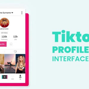 May include: A smartphone screen displaying a TikTok profile page interface. The profile includes a profile picture, username, follower count, and video previews. The words "TikTok PROFILE PAGE INTERFACE" are in teal.