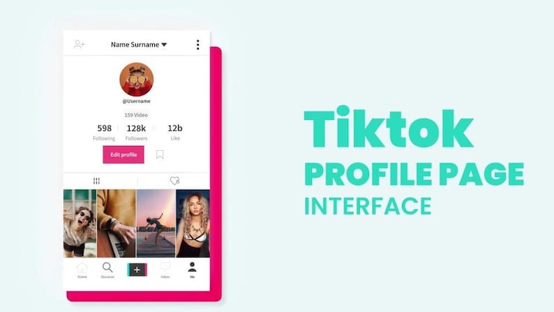 May include: A smartphone screen displaying a TikTok profile page interface. The profile includes a profile picture, username, follower count, and video previews. The words "TikTok PROFILE PAGE INTERFACE" are in teal.