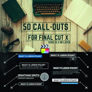 Könnte beinhalten: Draufsicht auf eine grüne Schreibmaschine, ein offenes Notizbuch und einen Tannenzapfen auf einer Holzoberfläche. Das Bild enthält Text: "50 CALL-OUTS FOR FINAL CUT X VERS. 10.3 OR LATER". Darunter Callout-Grafiken mit dem Text "WHAT IS LOREM IPSUM?"