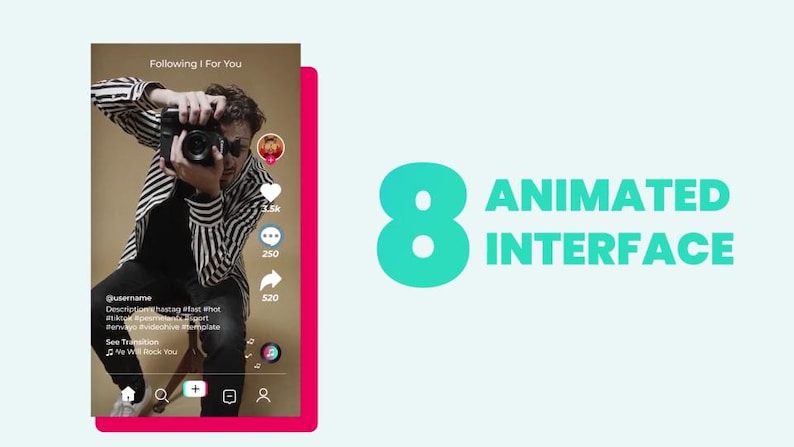 May include: A social media interface with a person holding a camera. The interface shows a video with like, comment, and share counts. The text "8 ANIMATED INTERFACE" is displayed in teal.
