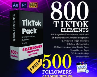 800 elementos de TikTok con 500 seguidores gratis, fondos, marcadores de posición para videos promocionales y recursos de animación.