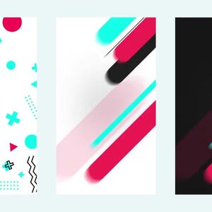 May include: Three vertical abstract designs with geometric shapes. The first has a white background with red, teal, and black shapes. The second has a white background with red, black, and teal diagonal lines. The third has a black background with red, white, and teal diagonal lines.