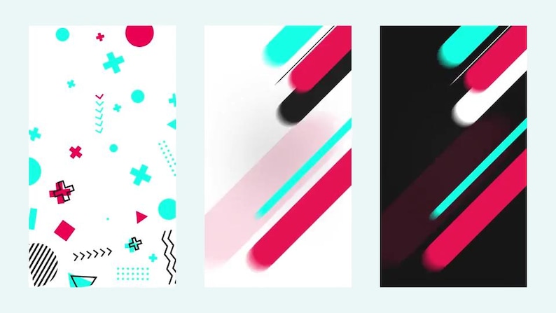 May include: Three vertical abstract designs with geometric shapes. The first has a white background with red, teal, and black shapes. The second has a white background with red, black, and teal diagonal lines. The third has a black background with red, white, and teal diagonal lines.