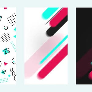 May include: Three vertical abstract designs. The first features a white background with geometric shapes in black, red, and teal. The second has a white background with red, black, and teal diagonal lines. The third has a black background with red, white, and teal diagonal lines.