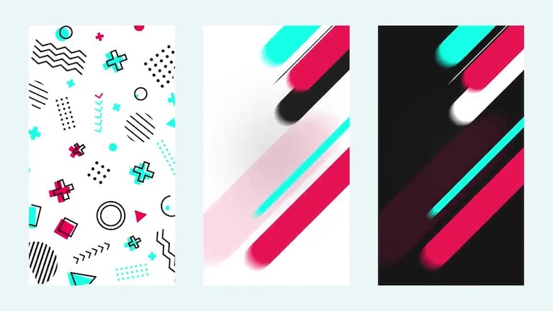 May include: Three vertical abstract designs. The first features a white background with geometric shapes in black, red, and teal. The second has a white background with red, black, and teal diagonal lines. The third has a black background with red, white, and teal diagonal lines.