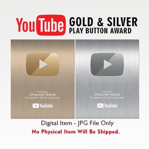 May include: A digital image featuring a gold and silver YouTube Play Button Award. The gold award is for 1,000,000 subscribers, and the silver award is for 100,000 subscribers. The image includes the YouTube logo and text.