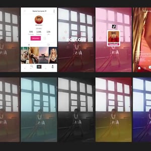 May include: A collection of images featuring a person in a white outfit, set against a backdrop of windows. The images incorporate social media interfaces, displaying text and profile details. The color schemes differ, including pink, blue, and yellow tones.