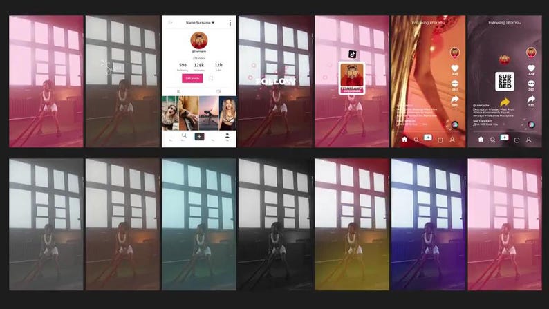 May include: A collection of images featuring a person in a white outfit, set against a backdrop of windows. The images incorporate social media interfaces, displaying text and profile details. The color schemes differ, including pink, blue, and yellow tones.