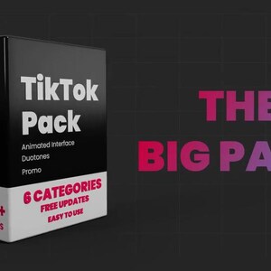 May include: A black and white box labelled "TikTok Pack" with the text "800+ Elements" and "6 Categories". The words "THE BIG PACK" are in pink and blue on a dark background. The box includes animated interface, duotones, and promo.