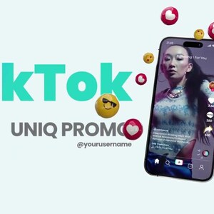 May include: A smartphone showing a TikTok video. The TikTok logo is in blue and green. The text "UNIQ PROMO" is below the logo, with floating emojis and hearts. The username is also displayed.