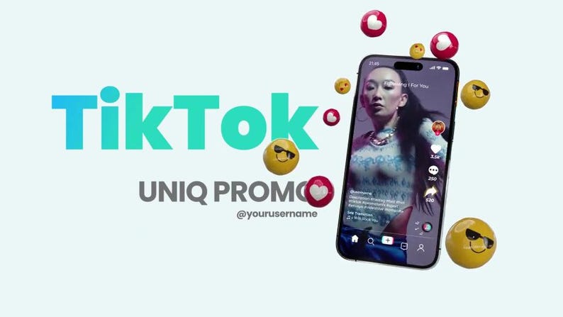 May include: A smartphone showing a TikTok video. The TikTok logo is in blue and green. The text "UNIQ PROMO" is below the logo, with floating emojis and hearts. The username is also displayed.