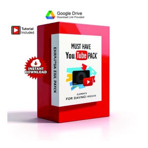 Könnte beinhalten: Eine rote Box mit einem weißen Etikett mit der Aufschrift "MUST HAVE You.Tube PACK" und "ELEMENTS FOR DAVINCI RESOLVE". Die Box enthält auch Symbole für YouTube, Google Drive und Sofort-Download. Ein Tutorial ist enthalten.