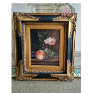Signed Dutch Still Life Oil Painting: Fruit and Flowers, Gold Gilt Frame